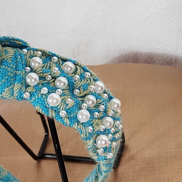 Handmade Poly Turquoise Sweater Material White Faux Pearl Embellished Headband - Picture 5 of 16